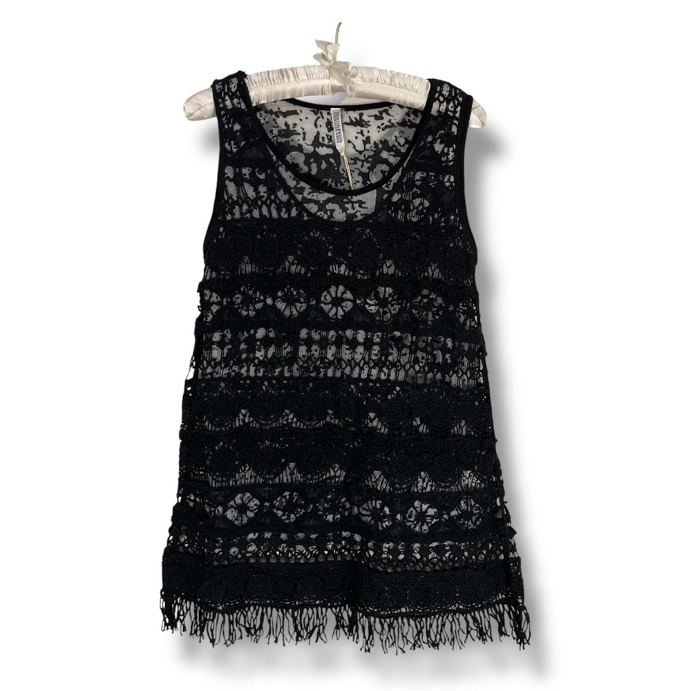 NEW Monoreno Black Tank Top Crochet Fringe Sleeveless Bohemian Lightweight Sz S